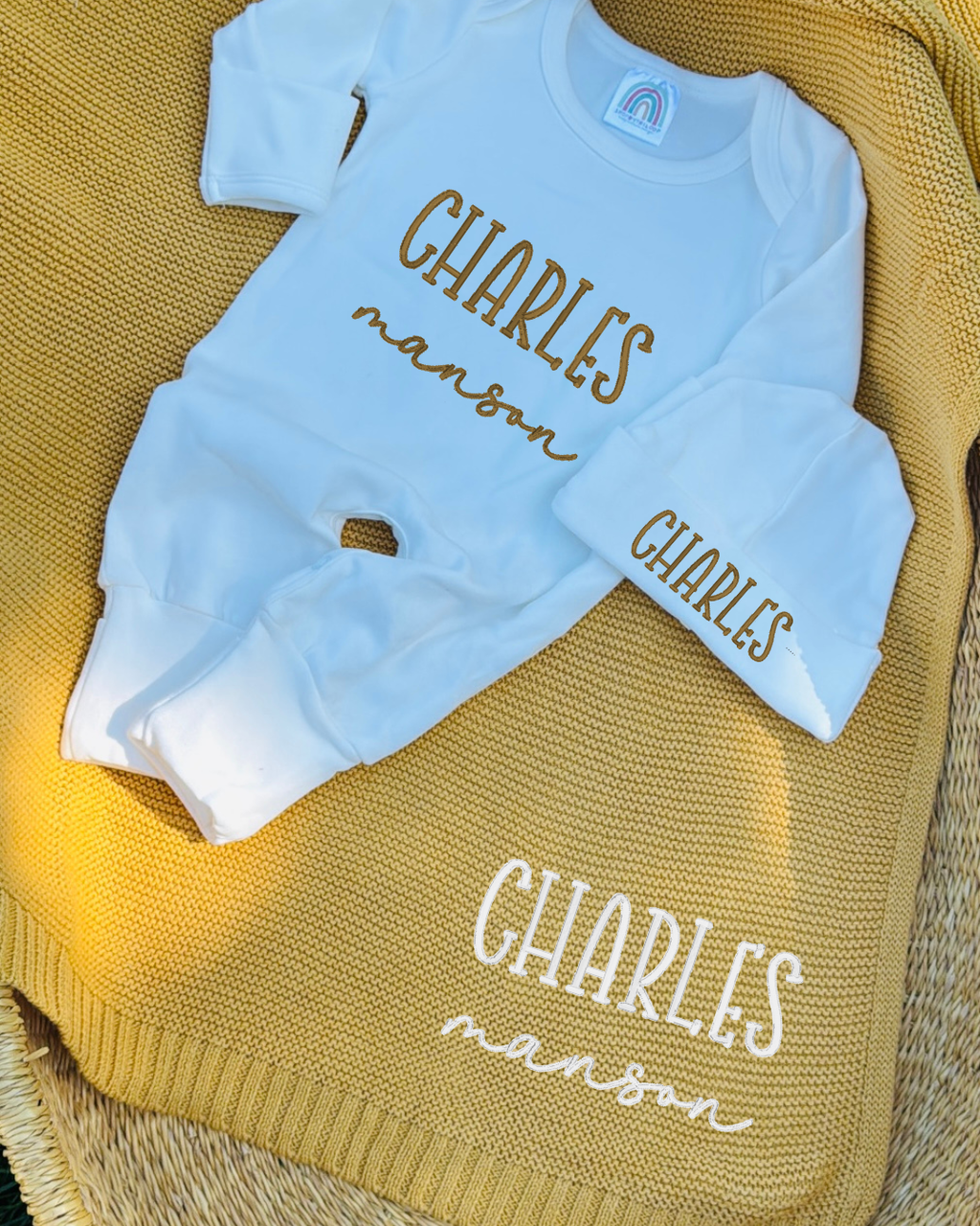 Baby Home Coming Clothes, Embroidered Romper, Hat & Blanket Set