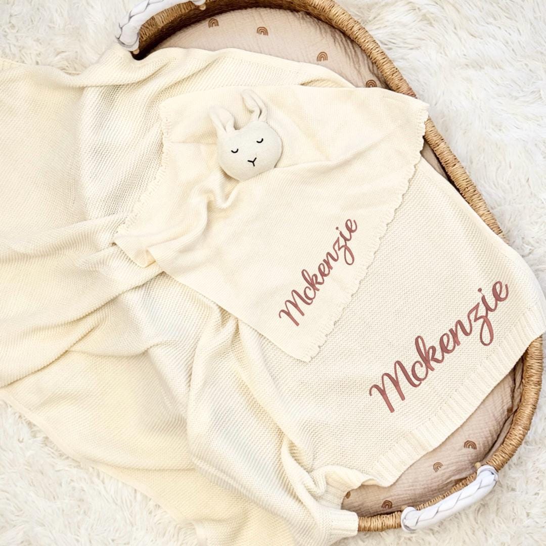 Personalized Embroidered Baby Blanket & Bunny Lovey Gift Set