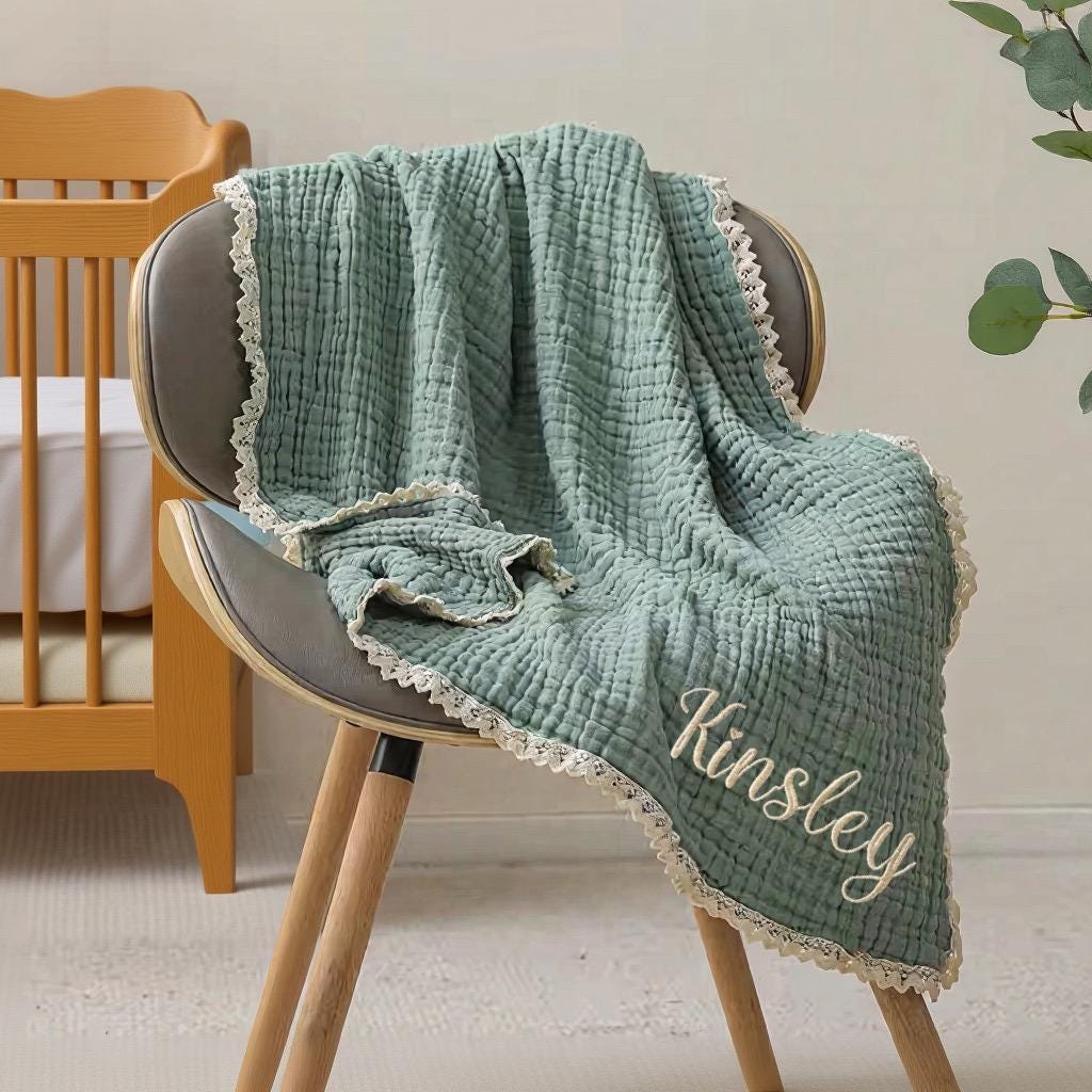 Personalized Organic Muslin Baby Blanket, Embroidered Name Swaddle