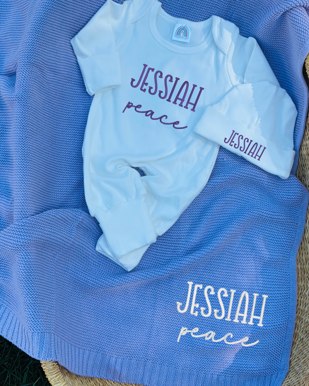 Baby Home Coming Clothes, Embroidered Romper, Hat & Blanket Set