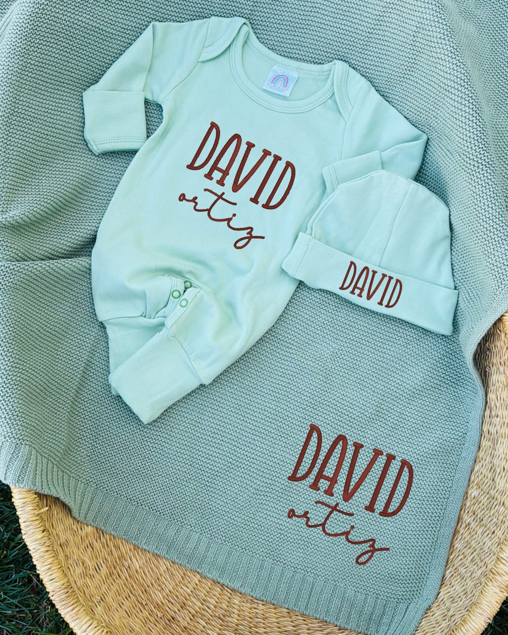 Baby Home Coming Clothes, Embroidered Romper, Hat & Blanket Set