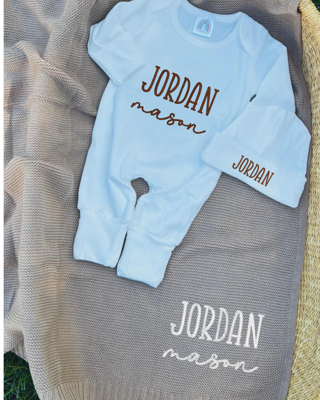 Baby Home Coming Clothes, Embroidered Romper, Hat & Blanket Set