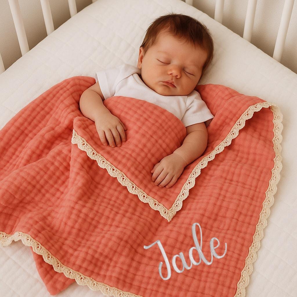 Personalized Organic Muslin Baby Blanket, Embroidered Name Swaddle