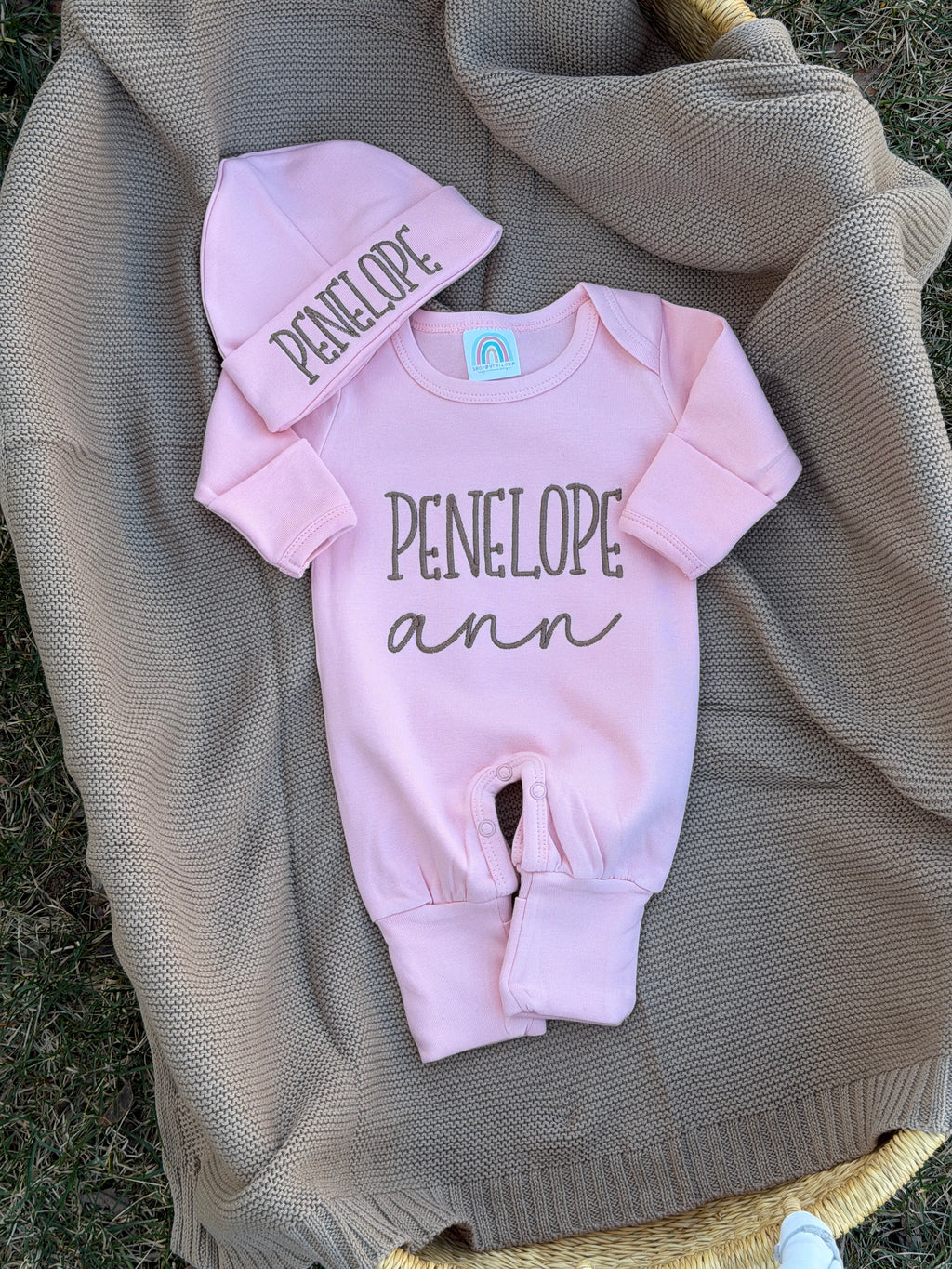 Baby Home Coming Clothes, Embroidered Romper, Hat & Blanket Set