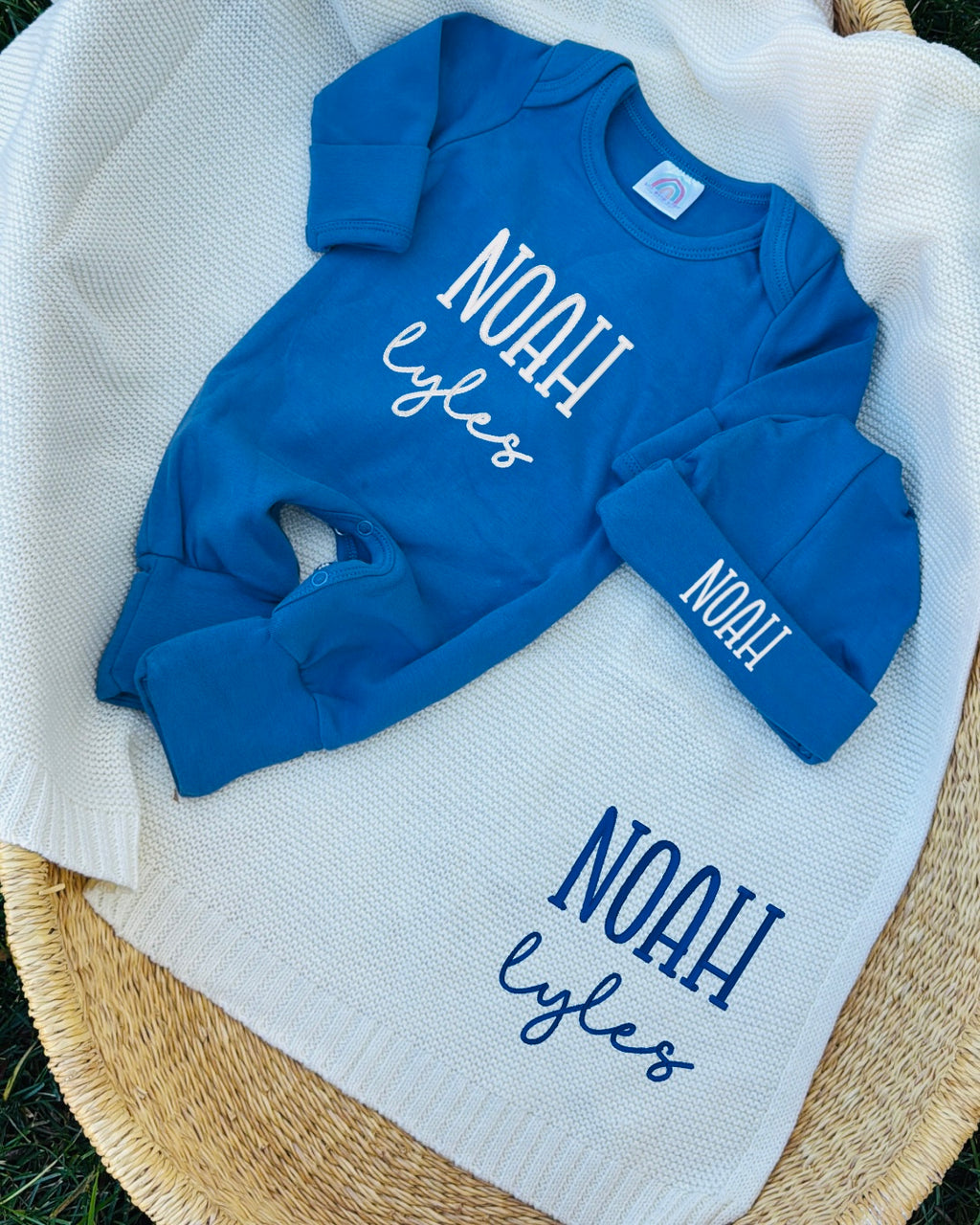 Baby Home Coming Clothes, Embroidered Romper, Hat & Blanket Set