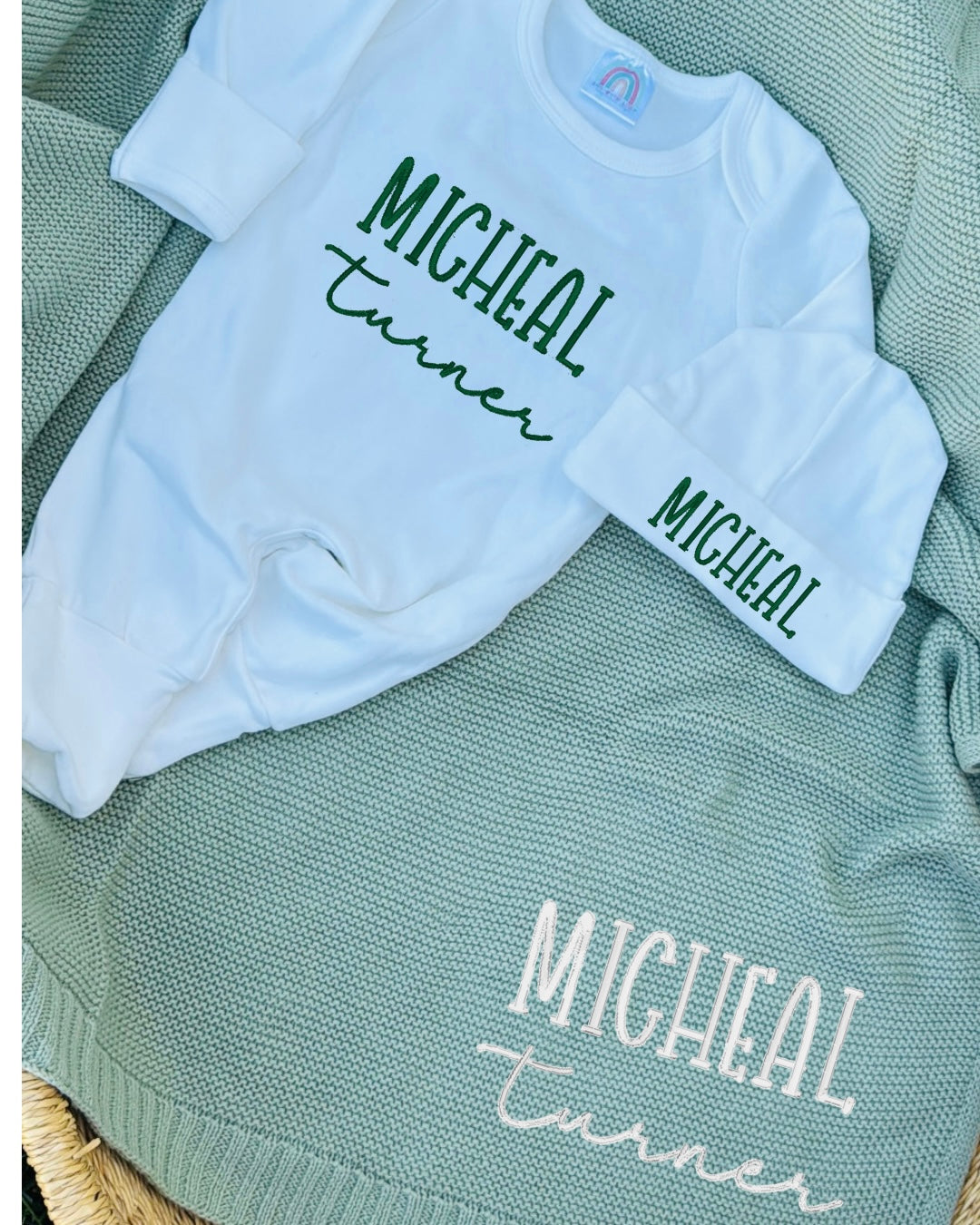 Baby Home Coming Clothes, Embroidered Romper, Hat & Blanket Set