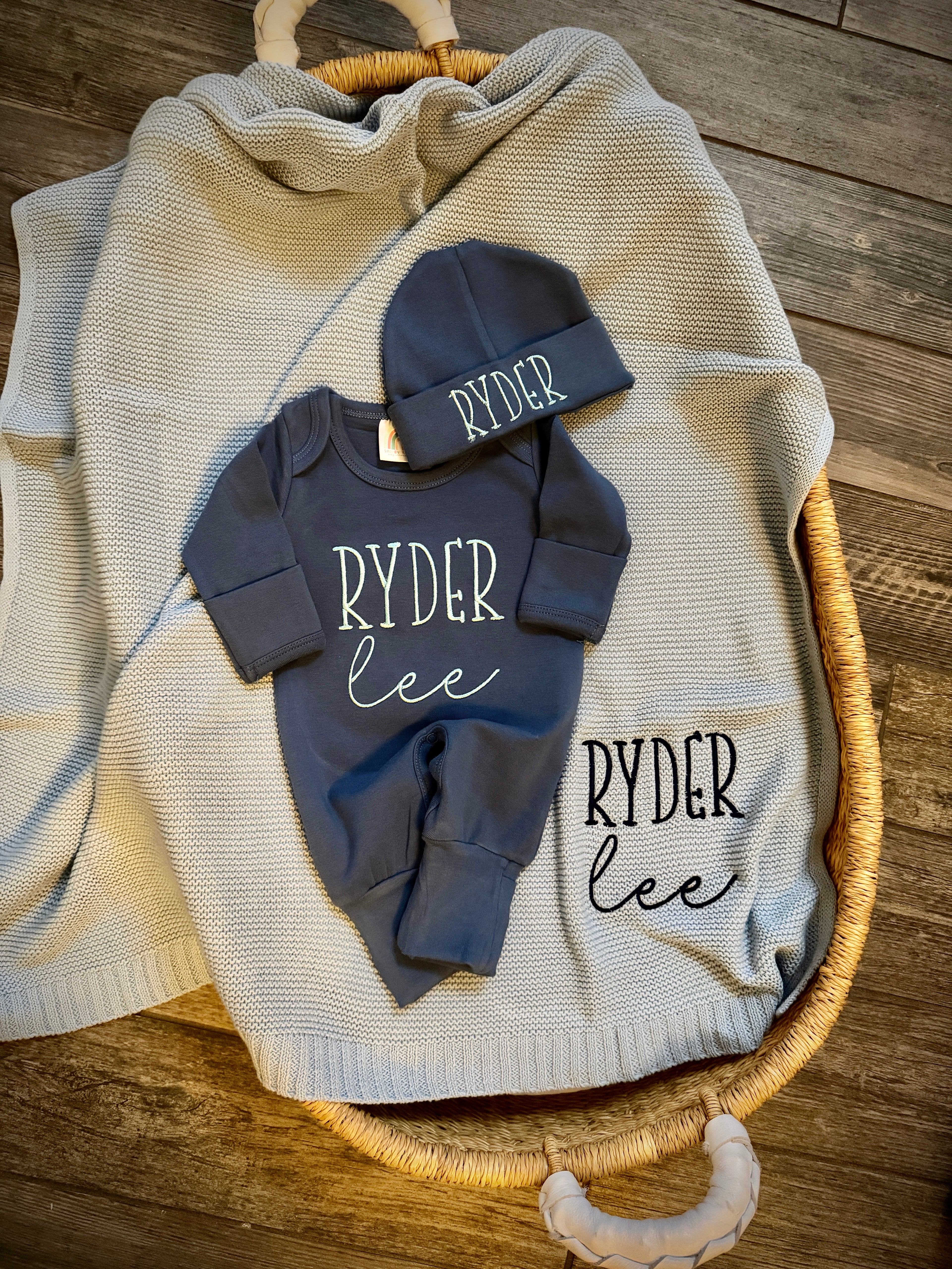 Baby Home Coming Clothes, Embroidered Romper, Hat & Blanket Set