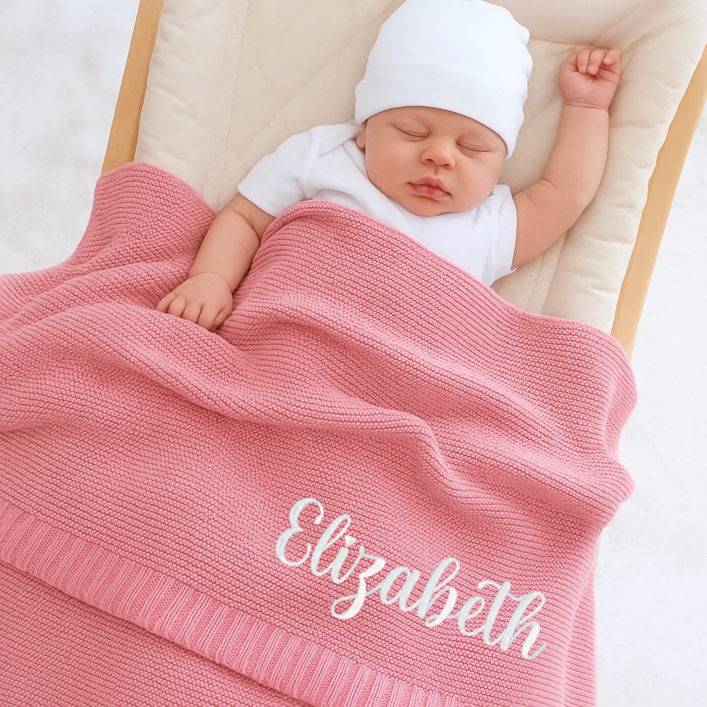 Embroidered Baby Blanket: Custom Cotton Knit, Newborn Gift