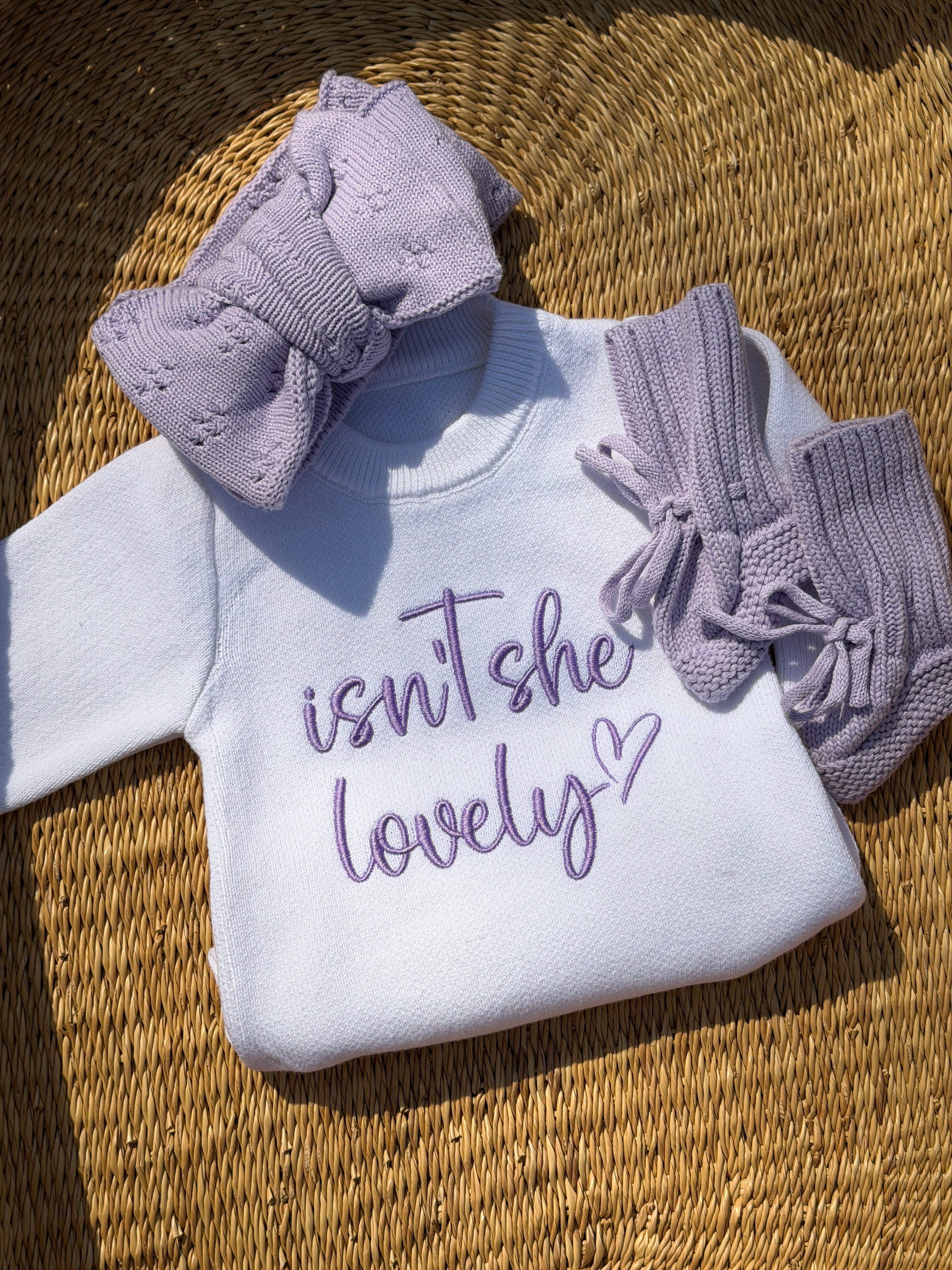 Newborn GirI isn't She Lovely Embroidered baby romper bow knit ruffle announcement Set