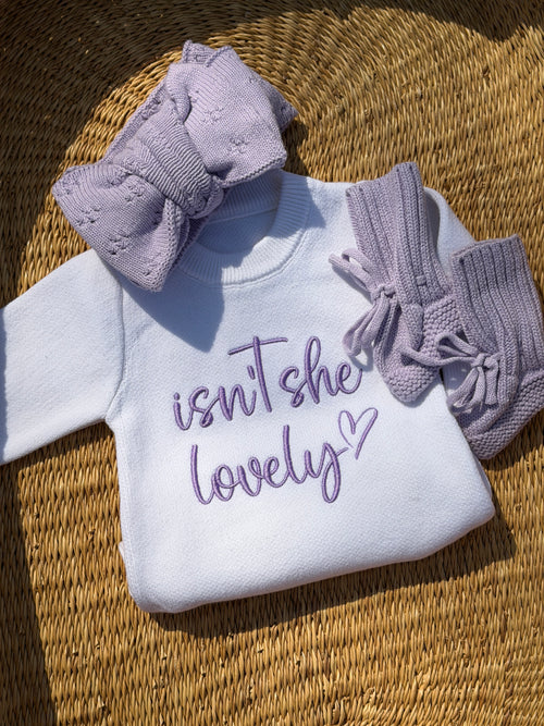 Newborn GirI isn't She Lovely Embroidered baby romper bow knit ruffle announcement Set
