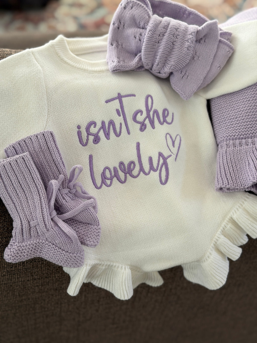 Newborn GirI isn't She Lovely Embroidered baby romper bow knit ruffle announcement Set