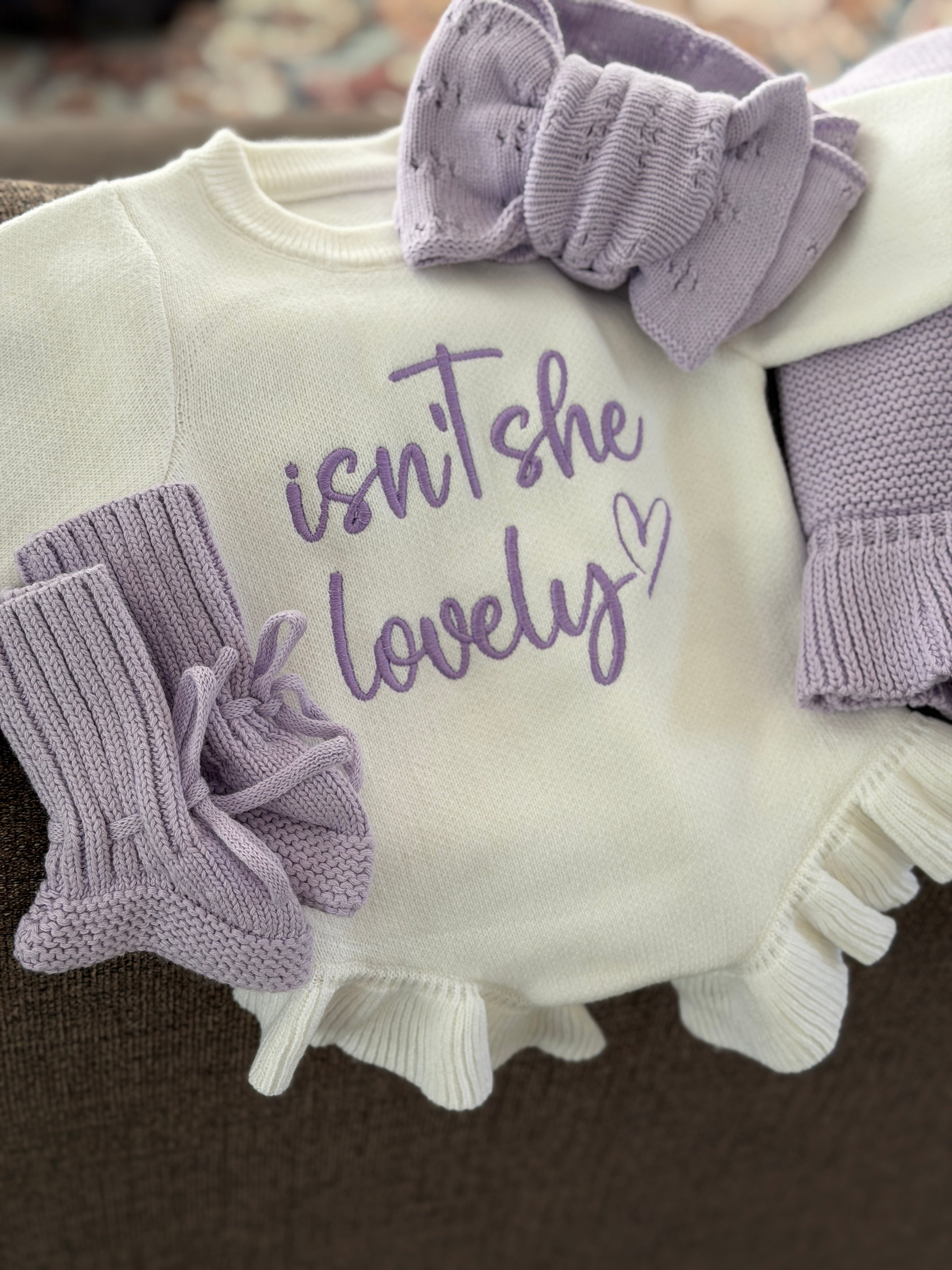 Newborn GirI isn't She Lovely Embroidered baby romper bow knit ruffle announcement Set